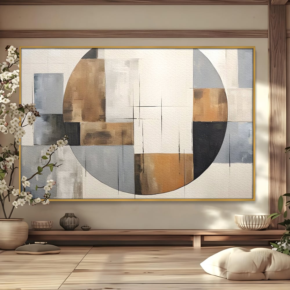 Tablou canvas cu pictura canvas cu linii negre si forme geometrice, in rama de aluminiu auriu